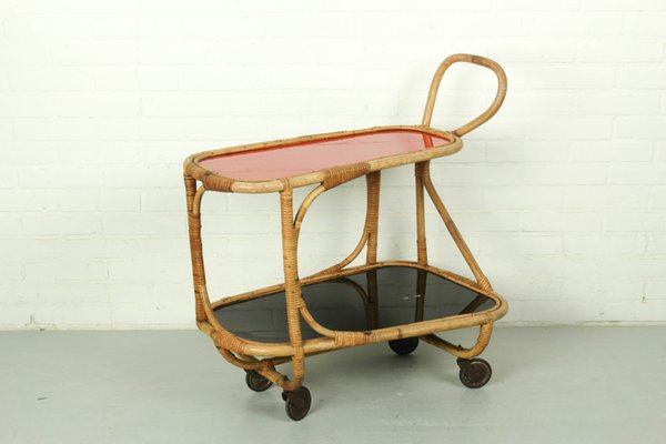 Bamboo Bar Cart Tea Trolley with Black and Red Shelf, 1940s-ZA-1071295