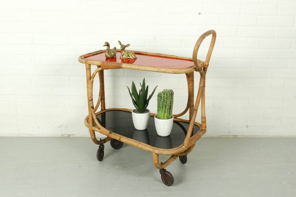 Bamboo Bar Cart Tea Trolley with Black and Red Shelf, 1940s-ZA-1071295