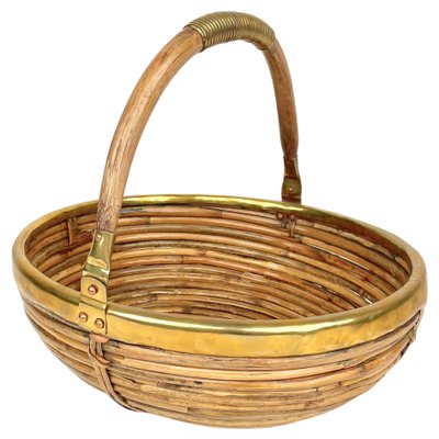 Bamboo & Brass Basket Bowl, Italy, 1970s-LYQ-1171242