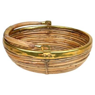 Bamboo & Brass Basket Bowl, Italy, 1970s-LYQ-1171242