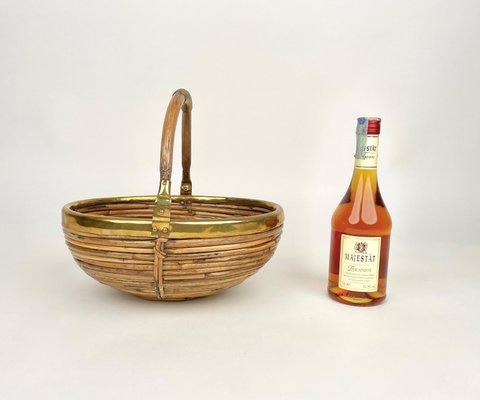 Bamboo & Brass Basket Bowl, Italy, 1970s-LYQ-1171242