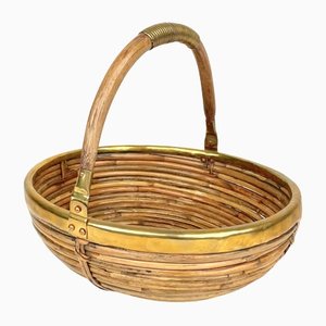 Bamboo & Brass Basket Bowl, Italy, 1970s-LYQ-1171242