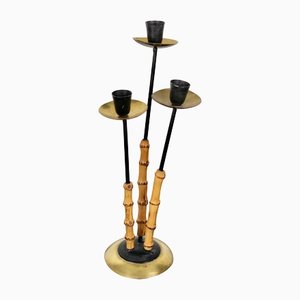 Bamboo & Brass Candleholder, Italy, 1970s-LYQ-1171776