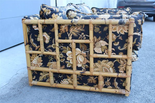 Bamboo Canne and Fabric Sofa with Flowers, Italy, 1970s-EH-1426495