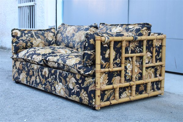 Bamboo Canne and Fabric Sofa with Flowers, Italy, 1970s-EH-1426495