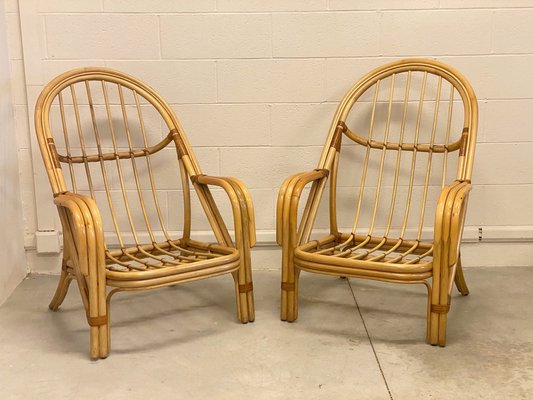 Bamboo & Leather Armchairs, 1980s, Set of 2-NPC-1332339