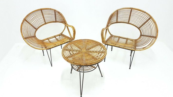 Bamboo Lounge Chairs and Table by Janine Abraham & Dirk Jan Rol, 1950s, Set of 3-FIP-1154786