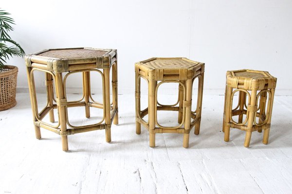 Bamboo & Raffia Hexagonal Nesting Tables, 1960s, Set of 3-OXJ-762390