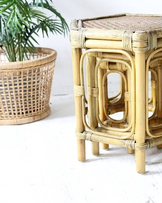 Bamboo & Raffia Hexagonal Nesting Tables, 1960s, Set of 3-OXJ-762390