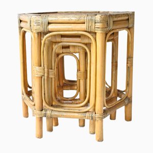 Bamboo & Raffia Hexagonal Nesting Tables, 1960s, Set of 3-OXJ-762390