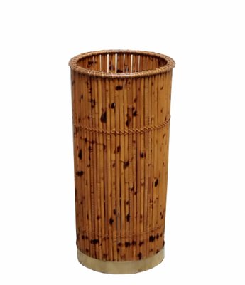 Bamboo, Rattan and Brass Umbrella Stand, Italy, 1970s-YUW-1744436