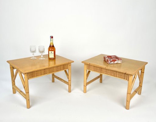 Bamboo, Rattan and Wood Coffee Tables, Italy, 1980s, Set of 2-LYQ-1331226