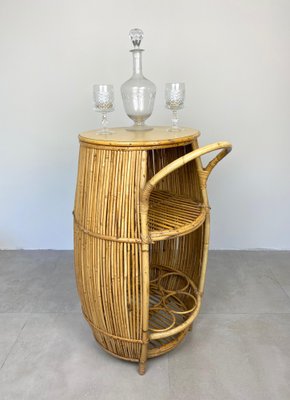 Bamboo Rattan Barrel Bar Cart Cabinet, Italy, 1960s-LYQ-1171561