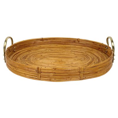 Bamboo, Rattan & Brass Oval Serving Tray, Italy, 1970s-LYQ-1174402