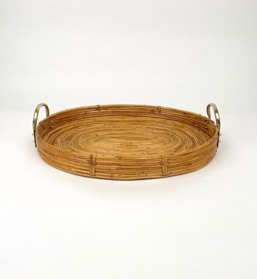 Bamboo, Rattan & Brass Oval Serving Tray, Italy, 1970s-LYQ-1174402