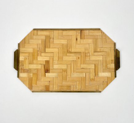 Bamboo Rattan & Brass Serving Tray, Italy, 1970s-LYQ-1171427