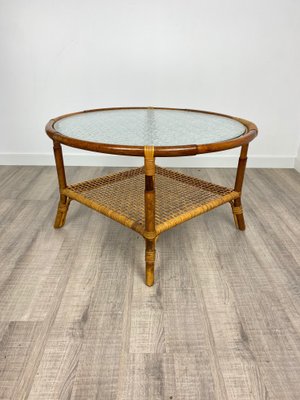 Bamboo Rattan & Frosted Glass Coffee Table, Italy, 1960s-LYQ-1171637