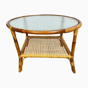 Bamboo Rattan & Frosted Glass Coffee Table, Italy, 1960s-LYQ-1171637