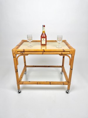 Bamboo, Rattan & Glass Serving Cart Bar Trolley, Italy, 1960s-LYQ-1171309