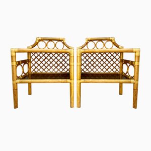 Bamboo & Rattan Nightstands with Low Glass Shelves, Italy, 1960s, Set of 2-NOU-1275385