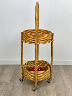 Bamboo & Rattan Round Service Side Bar Cart, Italy, 1960s-LYQ-1171656