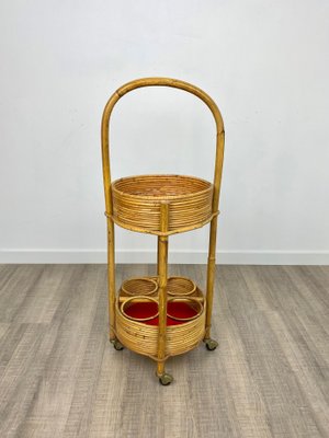 Bamboo & Rattan Round Service Side Bar Cart, Italy, 1960s-LYQ-1171656