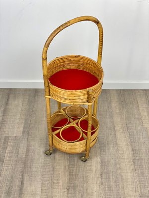 Bamboo & Rattan Round Service Side Bar Cart, Italy, 1960s-LYQ-1171656