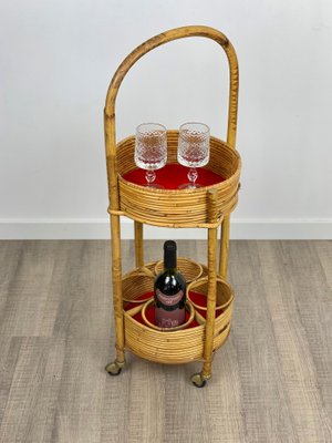 Bamboo & Rattan Round Service Side Bar Cart, Italy, 1960s-LYQ-1171656