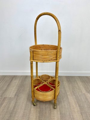 Bamboo & Rattan Round Service Side Bar Cart, Italy, 1960s-LYQ-1171656