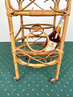 Bamboo Rattan Round Serving Bar Cart & Bottle Holder, Italy, 1960s-LYQ-1171361