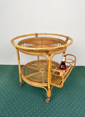 Bamboo & Rattan Round Serving Bar Cart Trolley, Italy, 1960s-LYQ-1171363