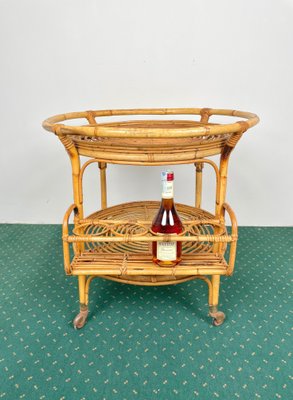 Bamboo & Rattan Round Serving Bar Cart Trolley, Italy, 1960s-LYQ-1171363