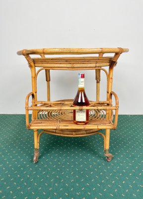 Bamboo & Rattan Round Serving Bar Cart Trolley, Italy, 1960s-LYQ-1171363