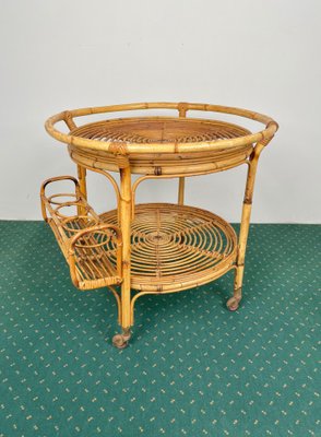 Bamboo & Rattan Round Serving Bar Cart Trolley, Italy, 1960s-LYQ-1171363