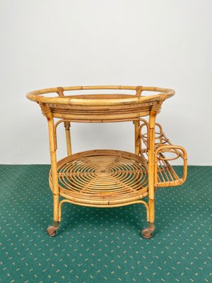 Bamboo & Rattan Round Serving Bar Cart Trolley, Italy, 1960s-LYQ-1171363