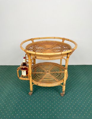 Bamboo & Rattan Round Serving Bar Cart Trolley, Italy, 1960s-LYQ-1171363