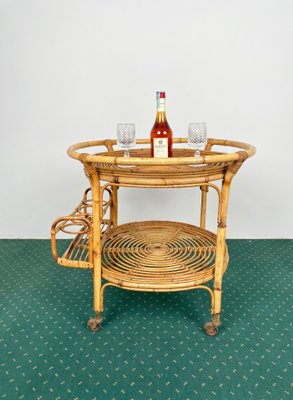 Bamboo & Rattan Round Serving Bar Cart Trolley, Italy, 1960s-LYQ-1171363