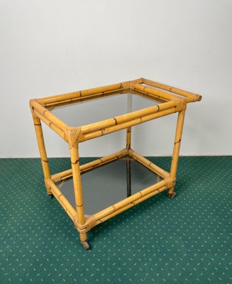 Bamboo Rattan & Smoked Glass Bar Serving Cart Trolley, Italy, 1960s-LYQ-1171386