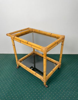 Bamboo Rattan & Smoked Glass Bar Serving Cart Trolley, Italy, 1960s-LYQ-1171386