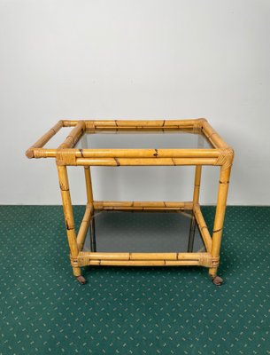 Bamboo Rattan & Smoked Glass Bar Serving Cart Trolley, Italy, 1960s-LYQ-1171386