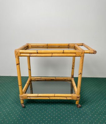 Bamboo Rattan & Smoked Glass Bar Serving Cart Trolley, Italy, 1960s-LYQ-1171386