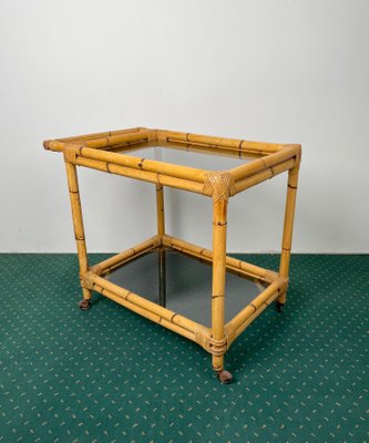 Bamboo Rattan & Smoked Glass Bar Serving Cart Trolley, Italy, 1960s-LYQ-1171386