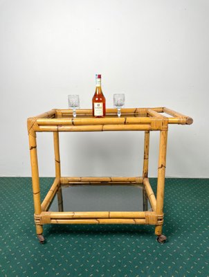 Bamboo Rattan & Smoked Glass Bar Serving Cart Trolley, Italy, 1960s-LYQ-1171386