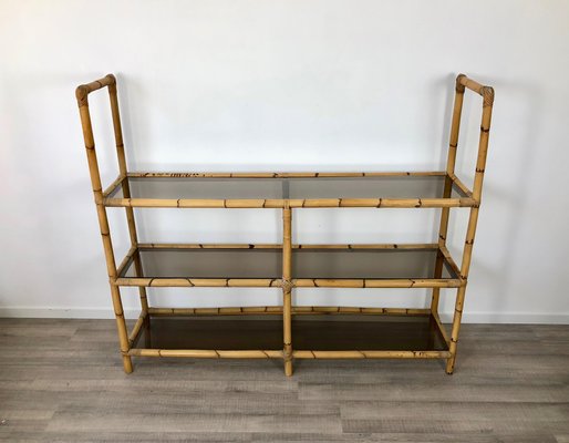 Bamboo Rattan & Smoked Glass Console Bookcase, Italy, 1960s-LYQ-1171572