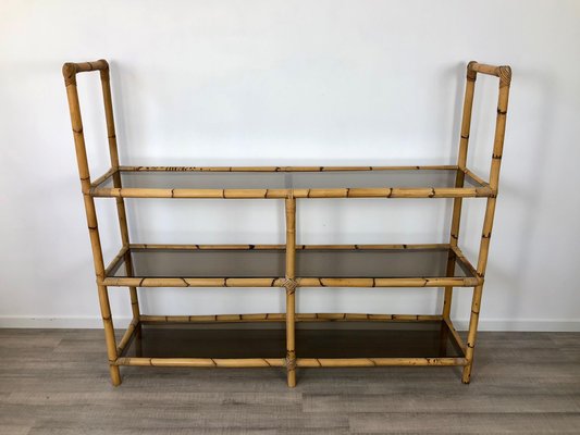 Bamboo Rattan & Smoked Glass Console Bookcase, Italy, 1960s-LYQ-1171572