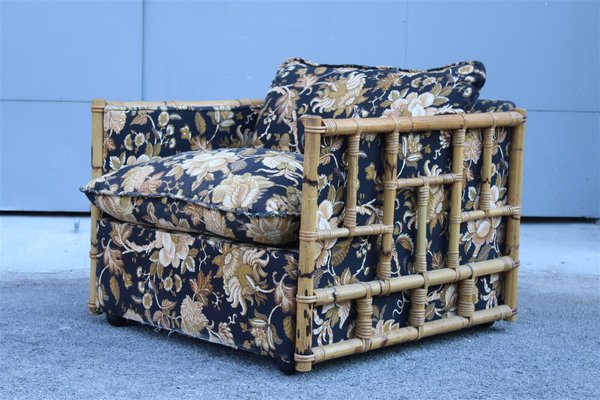 Bamboo Rods and Fabric with Flowers Armchair, 1970s-EH-1426487