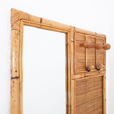 Bamboo & Rush Wall Hanger with Mirror, Italy, 1970s-UPW-1766054