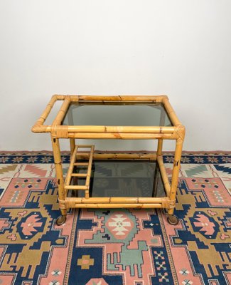 Bamboo & Smoked Glass Serving Bar Cart, Italy, 1970s-LYQ-1171258