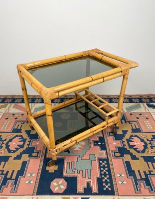 Bamboo & Smoked Glass Serving Bar Cart, Italy, 1970s-LYQ-1171258