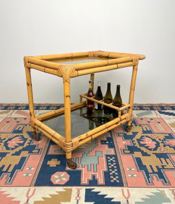 Bamboo & Smoked Glass Serving Bar Cart, Italy, 1970s-LYQ-1171258